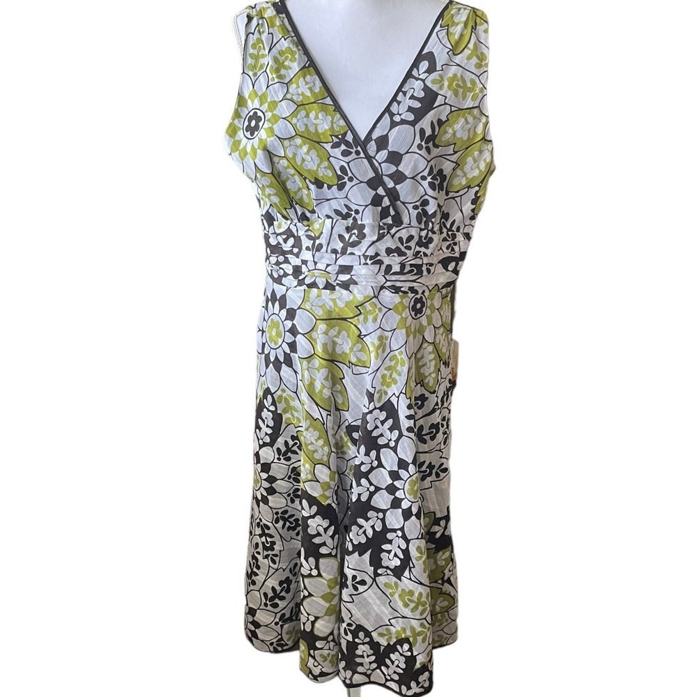 Amanda Lane Women Retro Mod Floral Midi Dress 14 Green Brown V-Neck A-Line